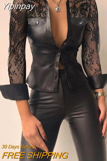 Yipinpay new women's fashion Sexy top Contrast Lace PU Leather Button Down Shirt female blouse